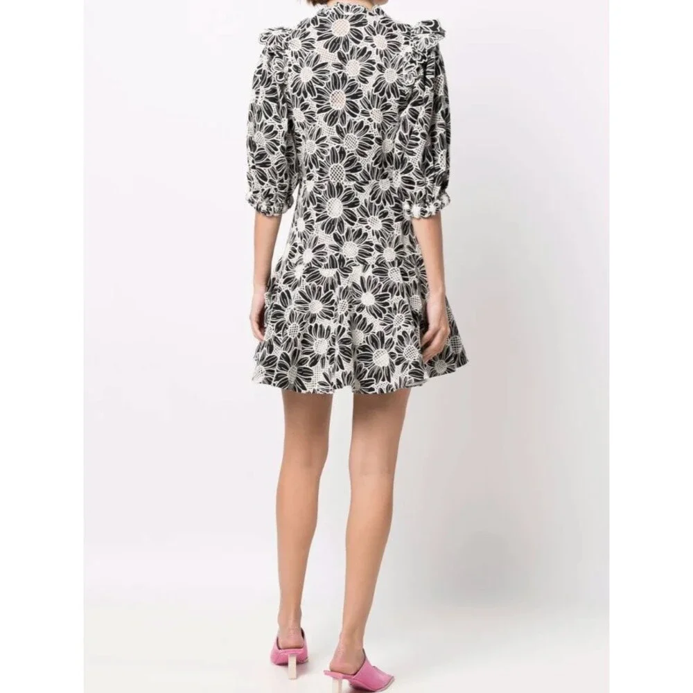 Sandro Audrey Flared Floral Mini Dress Black White Size 40 Short Sleeve V Neck - Picture 2 of 10